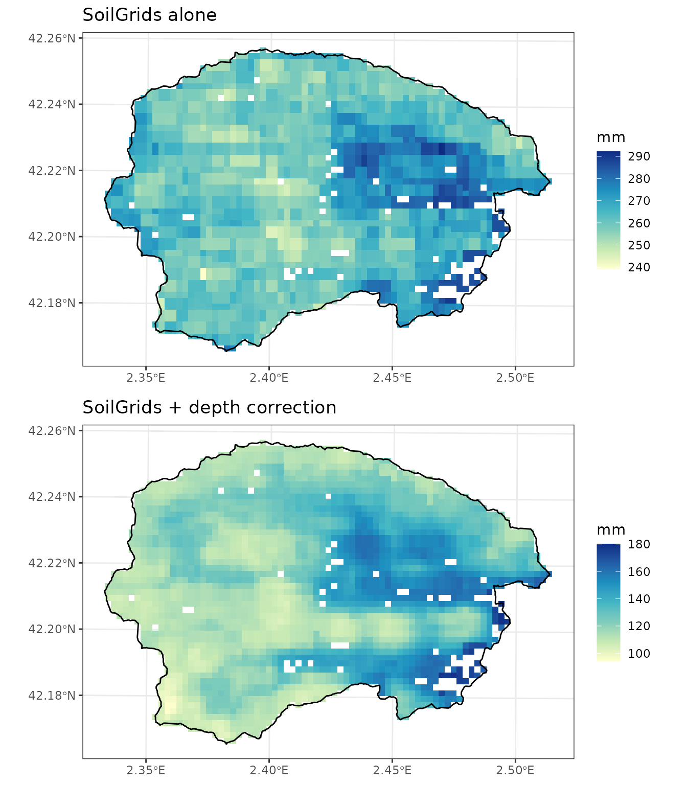 Extractable soil water volume before and after correcting SoilGrids data